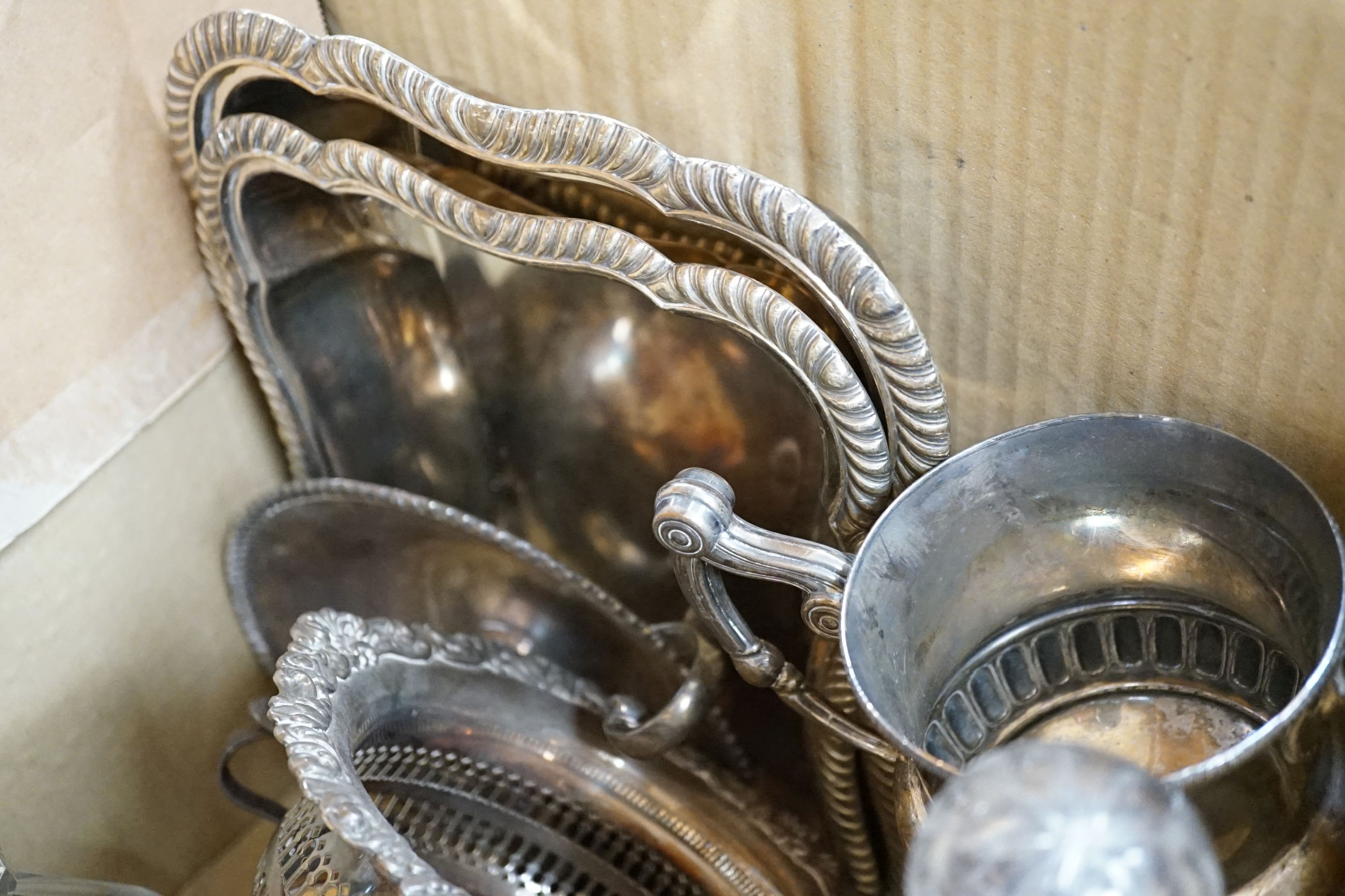 Seven Victorian and later glass decanters and a small quantity of plated ware.